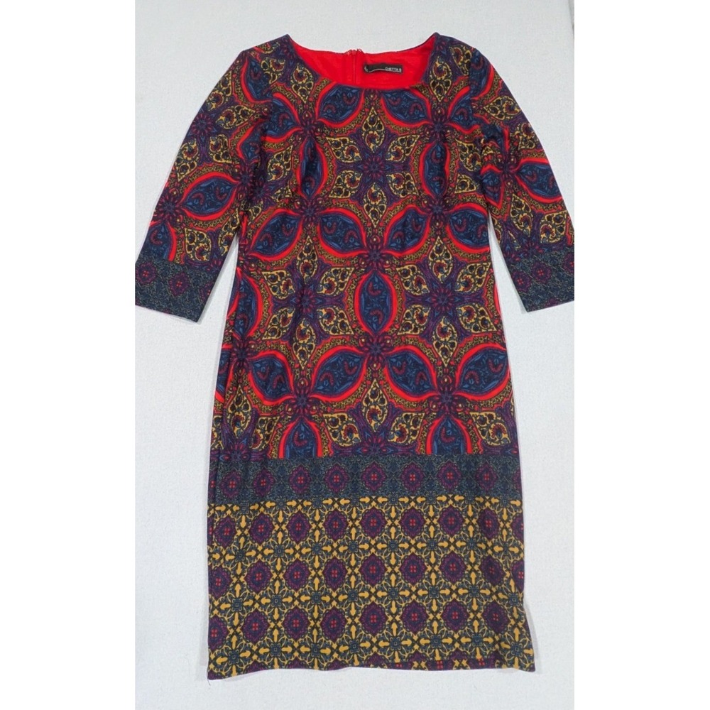 Chetta B Sheath Dress Womens 4 Red Blue Paisley Boho 3/4 Sleeve Knee Length